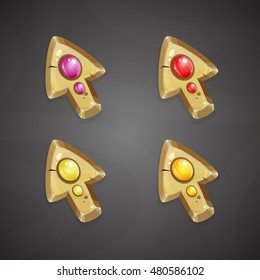 Cartoon vector arrows/cursors.Gold arrows with colors gems. Elements for game user interfaces.