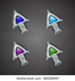 Cartoon vector arrows/cursors.Silver arrows with colors gems. Elements for game user interfaces.