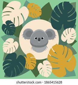 Cartoon vector art, postcard, koala bear with palms leaves, green gold chamagne background
