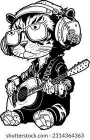 Cartoon Vector Art of a Rockstar Cat Playing Guitar and wearing Headphones