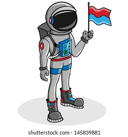 Cartoon vector astronaut with flag.