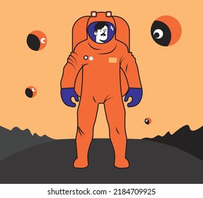 Cartoon Vector Astronaut In An Orange Space Suit. Vector Illustration