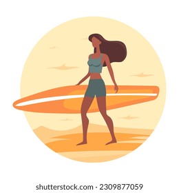 Cartoon vector. Attractive girl with supboard or surfboard on the seashore. Surfing at sunset, Vector illustration in flat cartoon style.