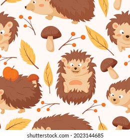 Cartoon vector autumn seamless pattern with hedgehogs characters. Decoration of yellow dry leaves, forest mushrooms and twigs with wild berries.
