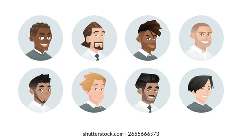 Avatares de Vector de dibujos animados de 8 hombres de negocios sonrientes en camisas blancas, algunos con corbatas o suéteres grises. Personajes planos estilizados sobre fondos grises