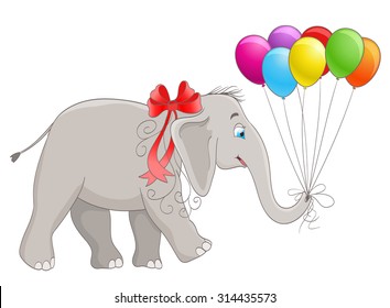 cartoon vector baby elephant with ribbon and balloons 