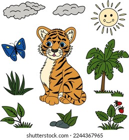 Cartoon vector baby tiger, sun, clouds, butterfly, palm tree, berries and grass. Clipart of a tiger cub on the lawn