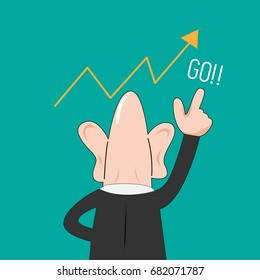 Cartoon Vector Back of Bald Business Man and growing chart