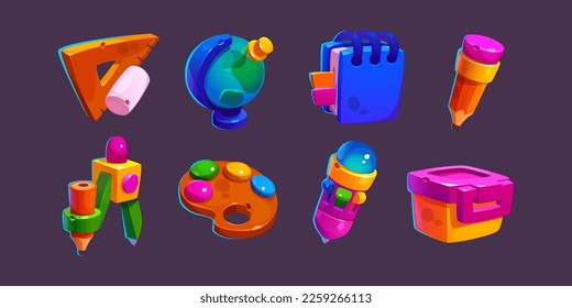 Cartoon vector back to school icon set. Study illustration isolated element. Lunchbox, triangular ruler, compass divider, globe and pencil kit for 2d game app interface. Student supplies collection.