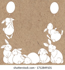 Cartoon vector background with adorable rabbits on kraft paper. Can be greeting cards, invitations, flyers, element for design.