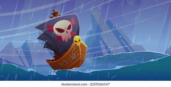 Cartoon vector background illustration with ship with black sail in stormy sea. Pirate boat in storm. Ocean and mountain view with wave and rain. Dark seascape with wooden caravel and skull.