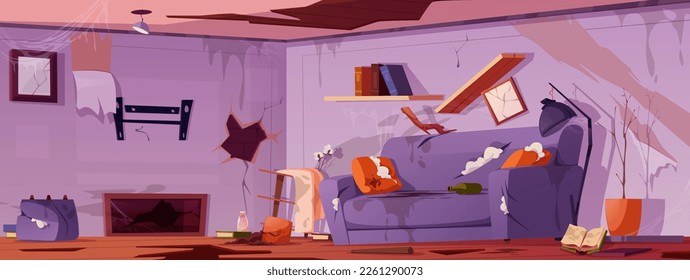 Cartoon vector background with old dirty living room. Abandoned house with messy furniture and torn sofa with stain. Disaster at home with garbage. Untidy apartment with crack on wall.
