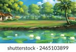 A cartoon vector background of village pond and trees and a road 
