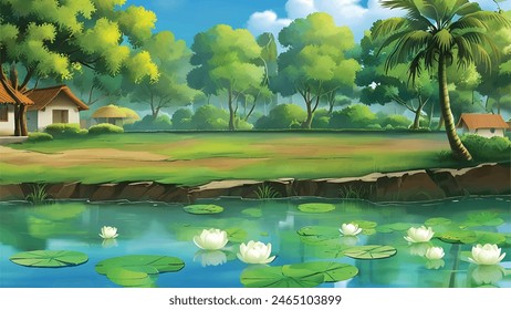 A cartoon vector background of village pond and trees and a road 