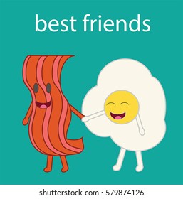 Cartoon vector of a bacon slice and a fried egg. Best friends.