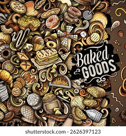 Cartoon vector Bakery doodle border illustration features a variety of bakehouse objects and symbols. Bright colors whimsical funny frame.