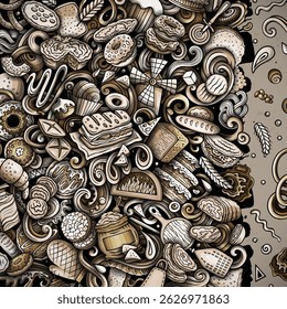 Cartoon vector Bakery doodle border illustration features a variety of bakehouse objects and symbols. Monochrome whimsical funny frame.