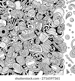 Cartoon Vektor Bäckerei doodle Rand Illustration verfügt über eine Vielzahl von Bäckerei Objekte und Symbole. Skizzenhaft lustiger Rahmen.