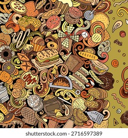 Cartoon Vektor Bäckerei doodle Rand Illustration verfügt über eine Vielzahl von Bäckerei Objekte und Symbole. Helle Farben skurrile lustige Rahmen.
