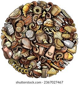 Cartoon vector Bakery doodle illustration features a variety of bakehouse objects and symbols. Bright colors round whimsical funny picture.