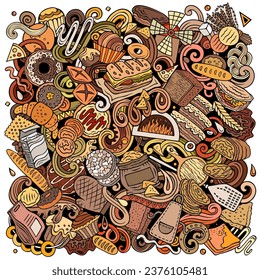 Cartoon vector Bakery doodle illustration features a variety of bakehouse objects and symbols. Bright colors whimsical funny picture.