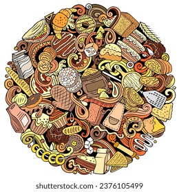 Cartoon vector Bakery doodle illustration features a variety of bakehouse objects and symbols. Bright colors round whimsical funny picture.