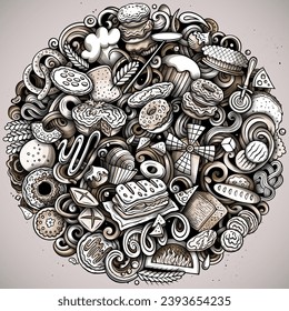 Cartoon vector Bakery doodle illustration features a variety of bakehouse objects and symbols. Monochrome circle whimsical funny picture.