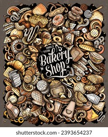 Cartoon vector Bakery doodle illustration features a variety of bakehouse objects and symbols. Bright colors whimsical funny picture.