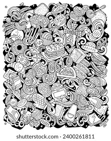 Cartoon vector Bakery doodle illustration features a variety of bakehouse objects and symbols. Sketchy whimsical funny picture.
