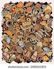 Vector de caricatura La ilustración de doodle Bakery presenta una variedad de objetos y símbolos de la casa. Colores brillantes imagen graciosa caprichosa.