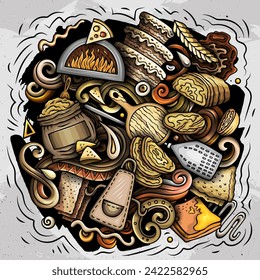Cartoon vector Bakery doodle illustration features a variety of bakehouse objects and symbols. Bright colors whimsical funny picture.