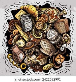Cartoon vector Bakery doodle illustration features a variety of bakehouse objects and symbols. Bright colors whimsical funny picture.
