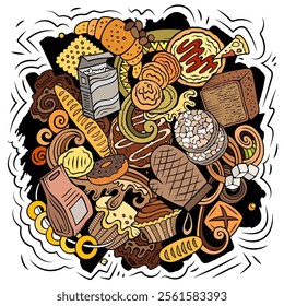 Cartoon vector Bakery doodle illustration features a variety of bakehouse objects and symbols. Bright colors whimsical funny picture.