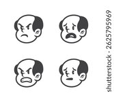 Cartoon vector of bald man face with four emotional expressions: angry, sad, furious, and worried. Perfect for emoji icons, reaction illustrations, character design, or comic projects