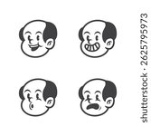 Cartoon vector of bald man face with four emotional expressions: angry, sad, furious, and worried. Perfect for emoji icons, reaction illustrations, character design, or comic projects