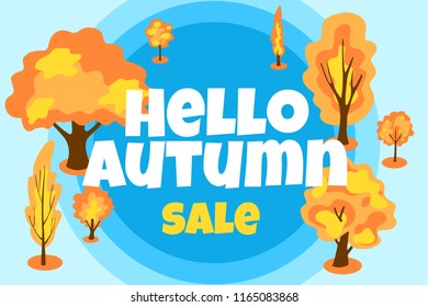 cartoon vector banner with autumn trees and text 'hello autumn'
