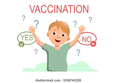 Cartoon vector banner. The boy decides to get vaccinated. The concept of vaccination.