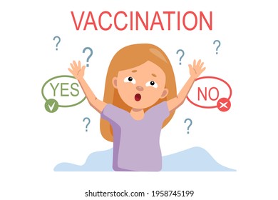 Cartoon vector banner with a frightened girl. The girl decides to get vaccinated. The concept of vaccination.