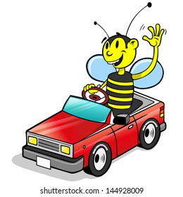 Cartoon vector bee driving car and waving.