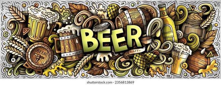 Cartoon vector Beer doodle illustration features a variety of Oktoberfest objects and symbols. Bright colors whimsical funny picture.