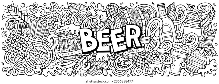 Cartoon vector Beer doodle illustration features a variety of Oktoberfest objects and symbols. Sketchy whimsical funny picture.