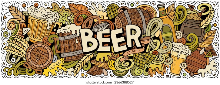 Cartoon vector Beer doodle illustration features a variety of Oktoberfest objects and symbols. Bright colors whimsical funny picture.