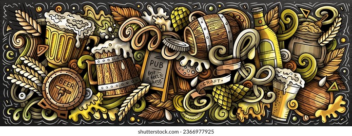 La ilustración del doodle del vector de dibujos animados Beer presenta una variedad de objetos y símbolos de Oktoberfest. Colores brillantes imagen graciosa caprichosa.