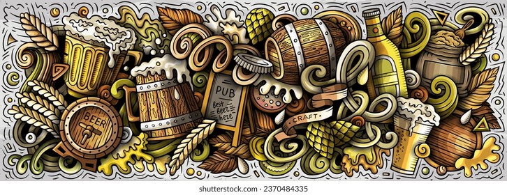 Cartoon vector Beer doodle illustration features a variety of Oktoberfest objects and symbols. Bright colors whimsical funny picture.