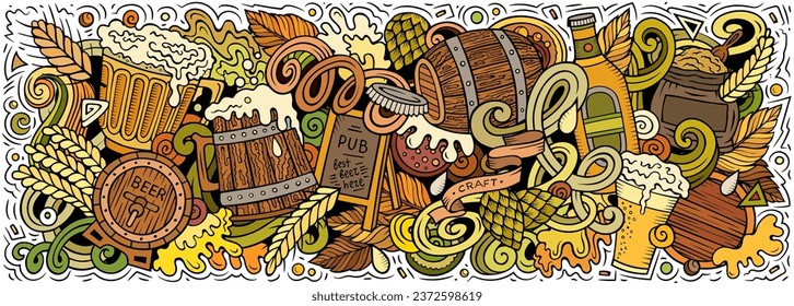 Cartoon vector Beer doodle illustration features a variety of Oktoberfest objects and symbols. Bright colors whimsical funny picture.
