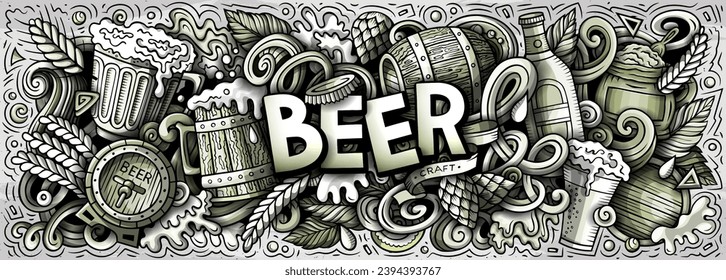 La ilustración del doodle del vector de dibujos animados Beer presenta una variedad de objetos y símbolos de Oktoberfest. Imagen divertida y singulosa monocroma.