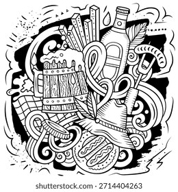 La ilustración del doodle de la cerveza del Vector de la historieta presenta una variedad de objetos y de símbolos del Oktoberfest. Imagen divertida y caprichosa.