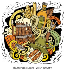 La ilustración del doodle de la cerveza del Vector de la historieta presenta una variedad de objetos y de símbolos del Oktoberfest. Colores brillantes imagen divertida caprichosa.