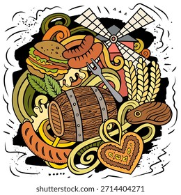 Cartoon vector Beer doodle illustration features a variety of Oktoberfest objects and symbols. Bright colors whimsical funny picture.