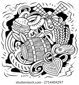 La ilustración del doodle de la cerveza del Vector de la historieta presenta una variedad de objetos y de símbolos del Oktoberfest. Línea de arte caprichoso divertido cuadro.